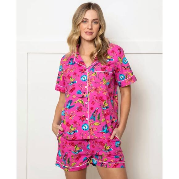 Printfresh Women's Pajama Top M Hummingbird Haven Pink Short Sleeve Floral PJs - Picture 2 of 8